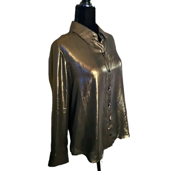 Reformation Womens Gold Metalic Nolan Long Sleeve Button Blouse S - Picture 5 of 16